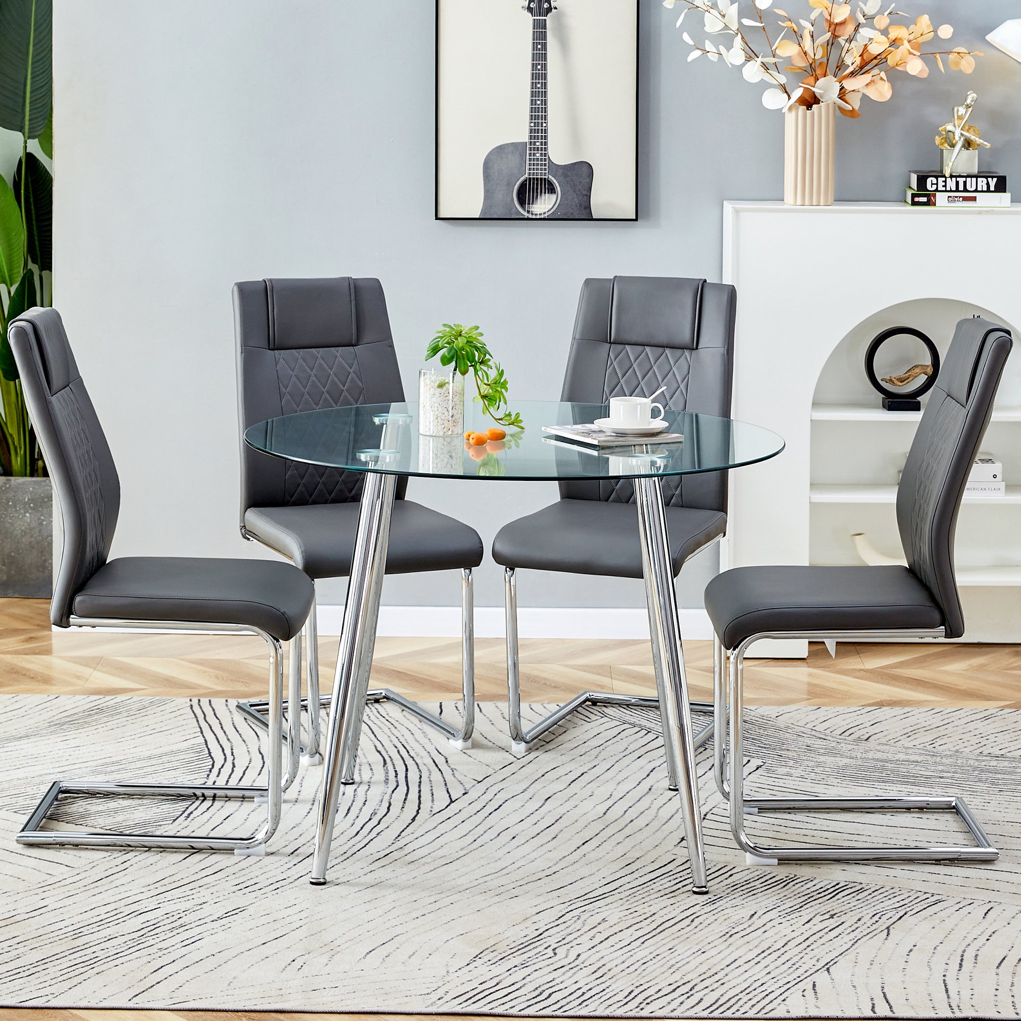 Table And Chair Set. 1 Table 4 Gray Chairs Round Dining Table With A 40 Inch Diameter Glass Tabletop And Silver Plated Metal Legs. 4 Gray Pu Chairs Dt 1164 001 Transparent Glass