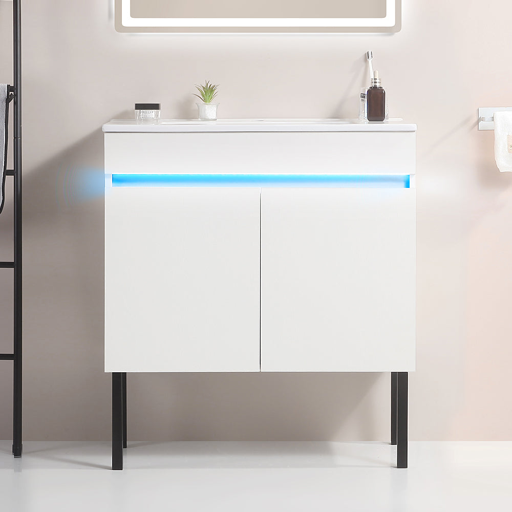 30" Bathroom Vanity With Sink, Radar Sensing Light, Large Storage Space And Metal Legs, Wall Mounted Standing Bathroom Vanity Sink, White White Solid Wood