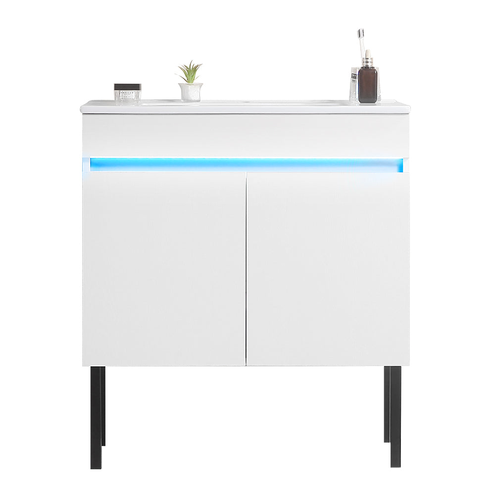 30" Bathroom Vanity With Sink, Radar Sensing Light, Large Storage Space And Metal Legs, Wall Mounted Standing Bathroom Vanity Sink, White White Solid Wood