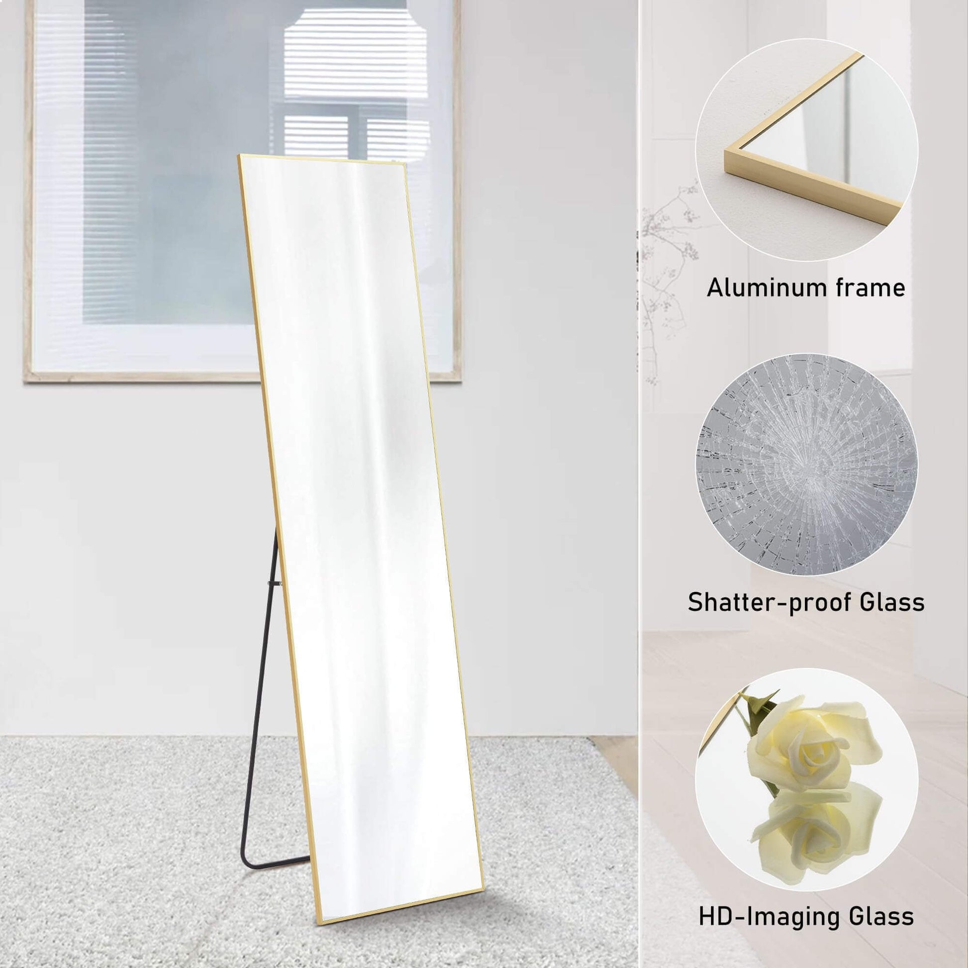 Floor Standing Mirror, Wall Mirror With Stand Aluminum Alloy Thin Frame,21''*64'',Gold Rect Gold Fiberglass