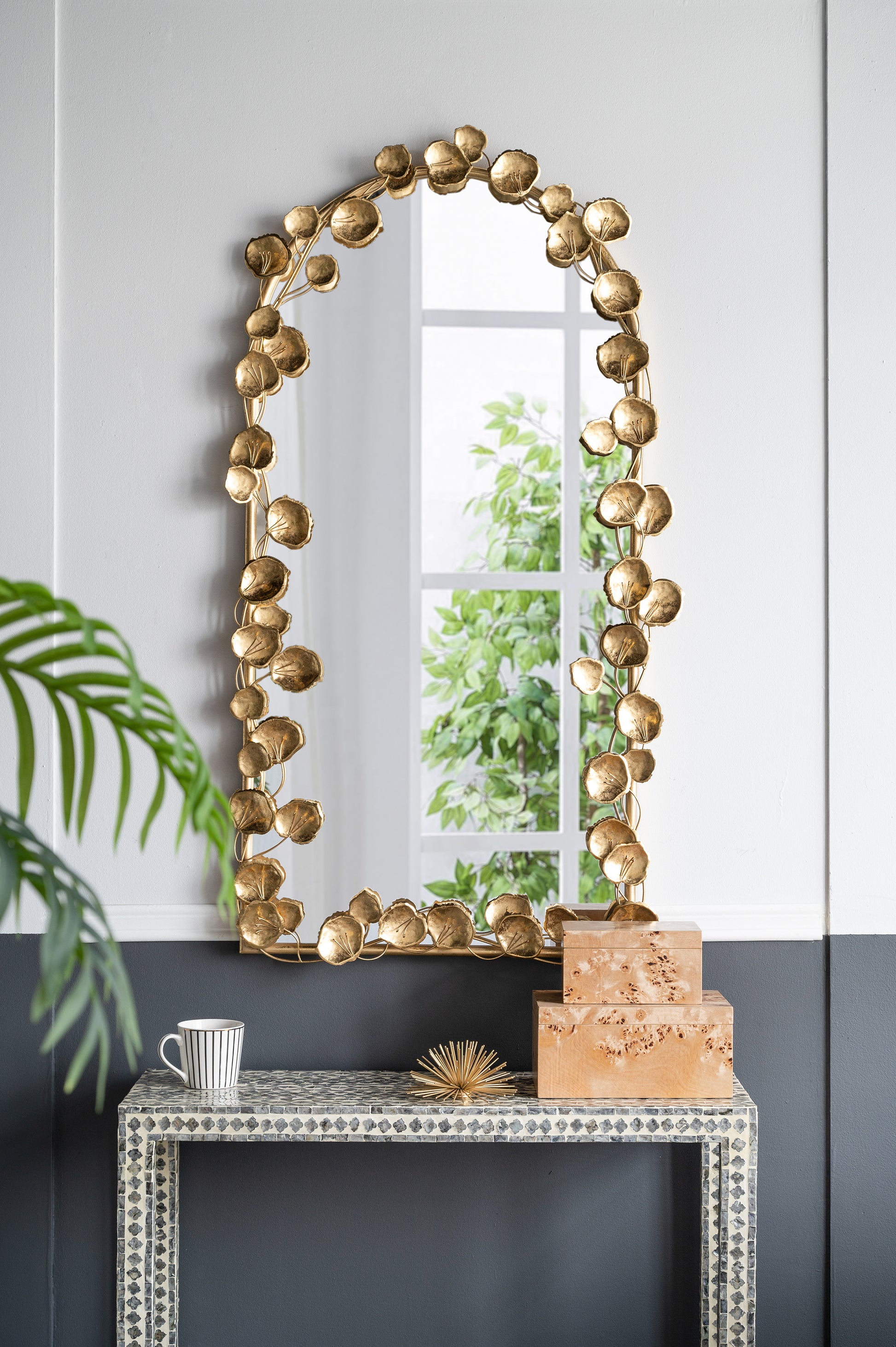 51.5" X 29" Full Length Arched Wall Mirror With Golden Leaf Accents, Decorative Mirror For Living Room Bedroom Gold Iron