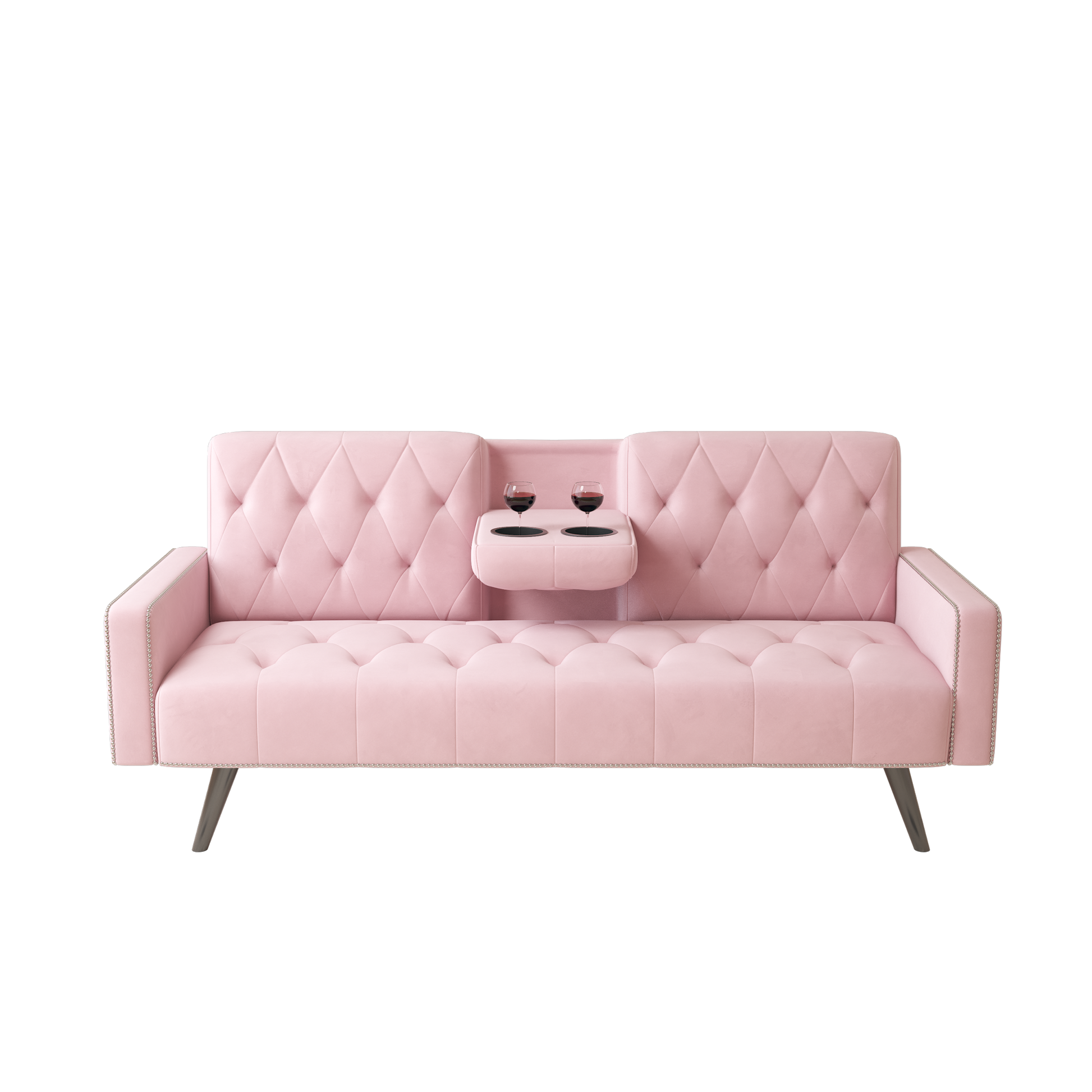1730 Sofa Bed Armrest With Nail Head Trim With Two Cup Holders 72" Pink Velvet Sofa For Small Spaces Pink Altay Velvet
