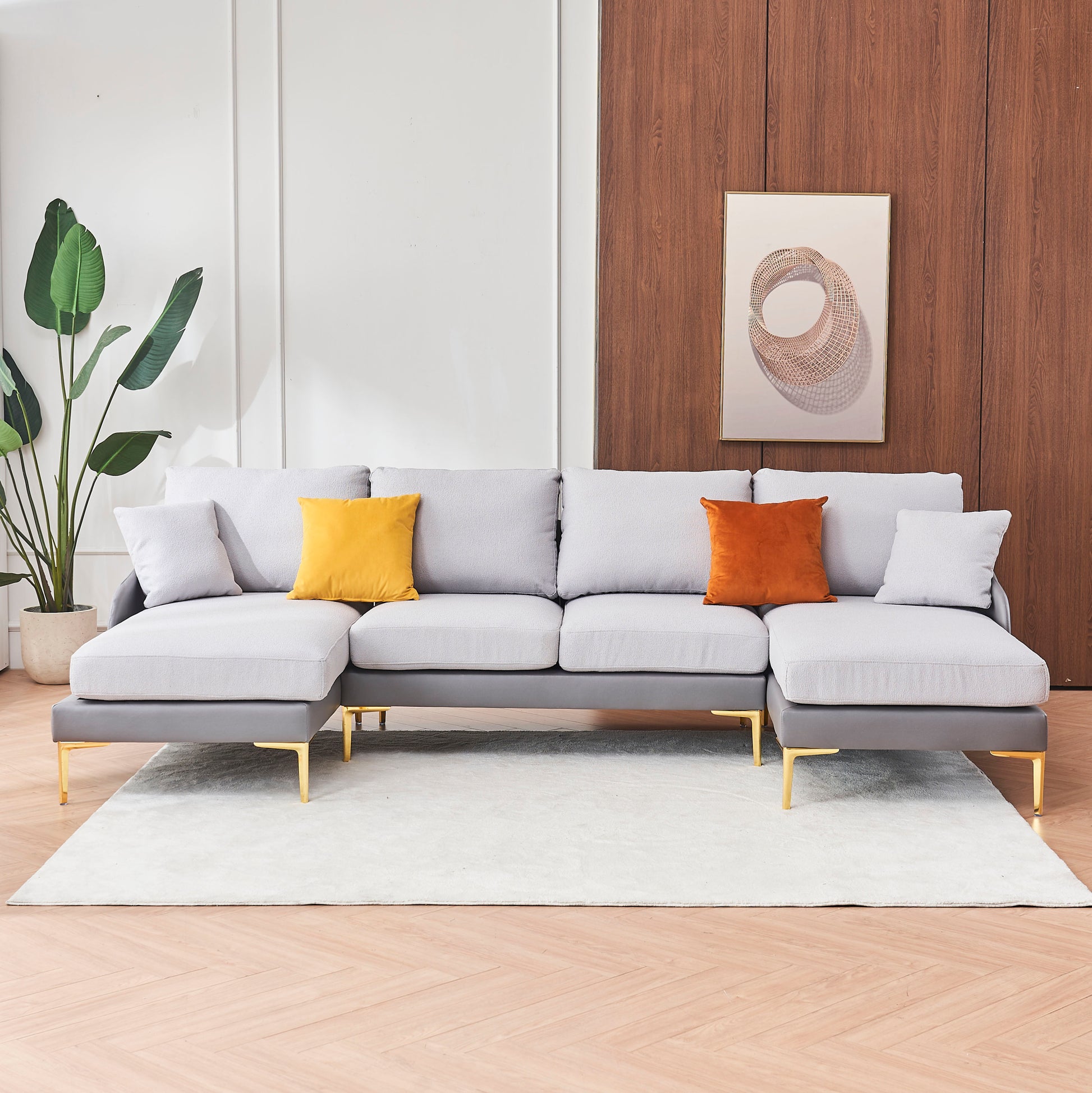 Modern Large Area Linen Leathaire Fabric Color Matching Segmented Sofa, Ultra Wide Lounge Chair, Golden Legs, U Shaped, Double Grey Color Grey Primary Living Space Wood