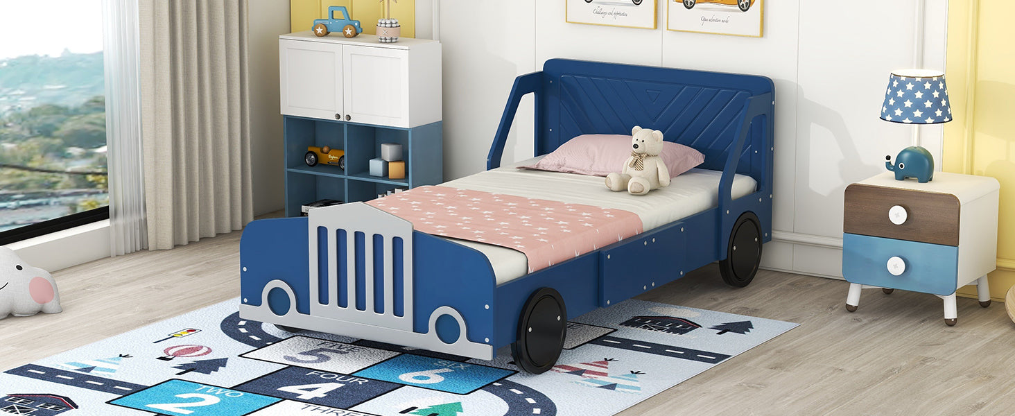 Twin Size Car Shaped Platform Bed With Wheels,Blue Blue Plywood