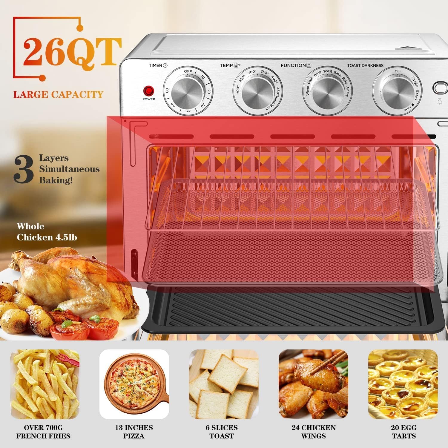 Geek Chef 6 Slice 26Qt 26L Air Fryer Fry Oil Free, Extra Large Toaster Oven Combo, Air Fryer Oven, Roast, Bake, Broil,Convection Countertop Oven, Accessories Included, Stainless St Ban On Silver Stainless Steel