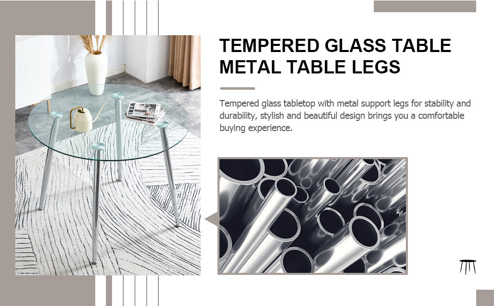 Table And Chair Set. 1 Table 4 Black Chairs Round Dining Table With A 40 Inch Diameter Glass Tabletop And Silver Plated Metal Legs. 4 Black Pu Chairs Dt 1164 001 Transparent Seats 4 Glass