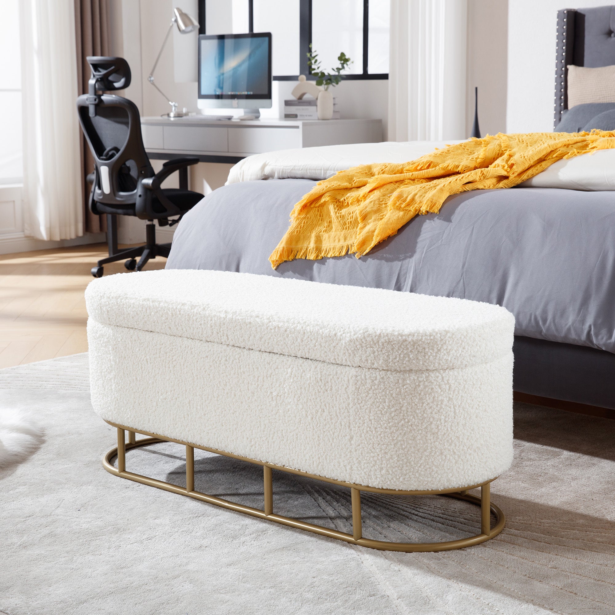 Oval Storage Bench For Living Room Bedroom End Of Bed,Sherpa Fabric Plush Upholstered Storage Ottoman Entryway Bench With Metal Legs,Cream Cream Primary Living Space Modern Metal Internal Storage Foam Teddy