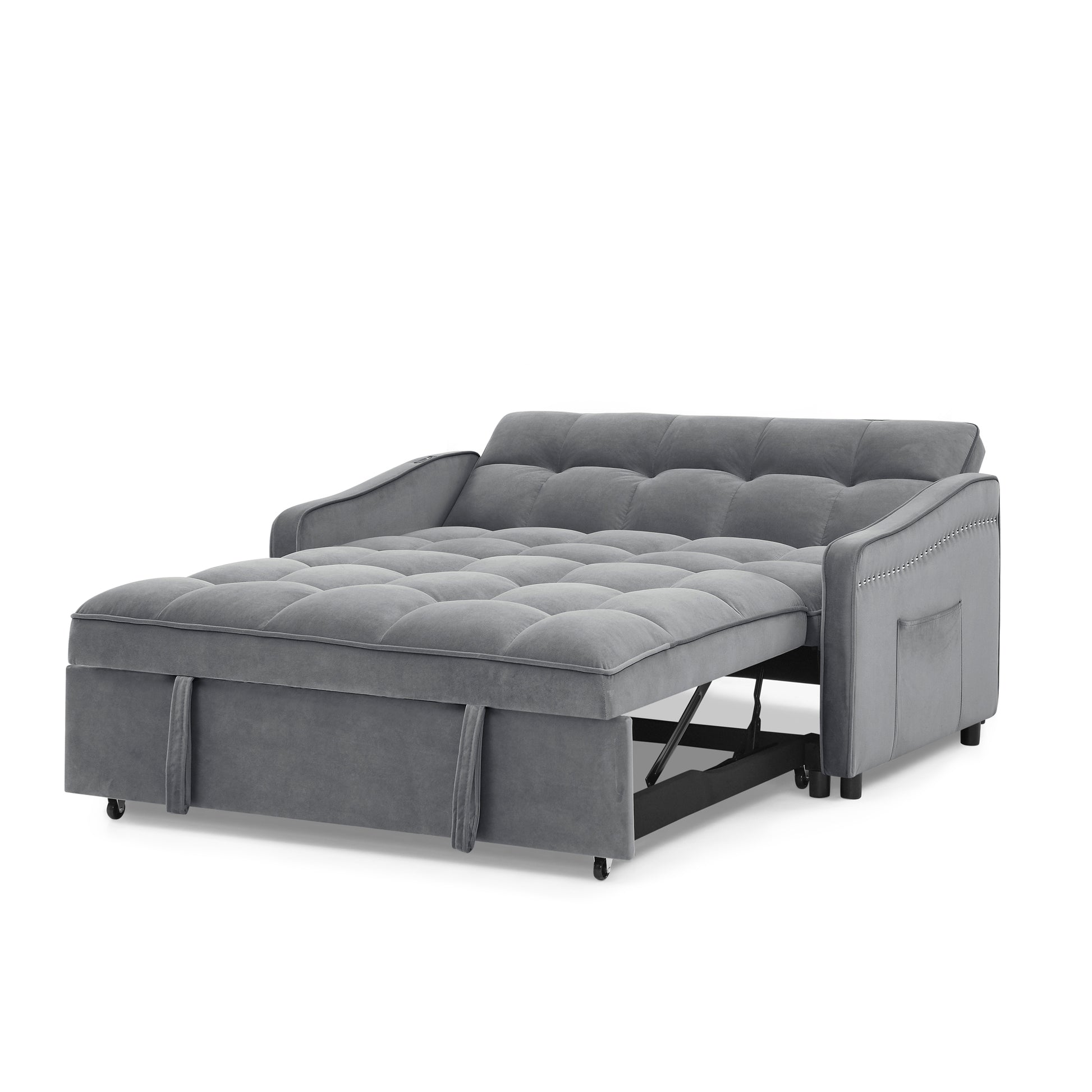 Loveseats Sofa Bed With Pull Out Bed,Adjsutable Back And Two Arm Pocket,Typec And Usb Charging With Copper Nail,Grey 47"X53"X31" Grey Velvet Classic,Contemporary,Glam,Luxury,Mid Century Modern Foam