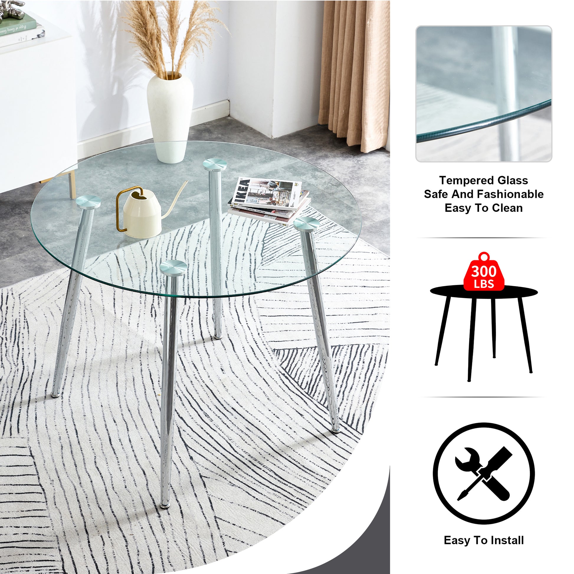 Table And Chair Set. 1 Table 4 Black Chairs Round Dining Table With A 40 Inch Diameter Glass Tabletop And Silver Plated Metal Legs. 4 Black Pu Chairs Dt 1164 001 Transparent Seats 4 Glass