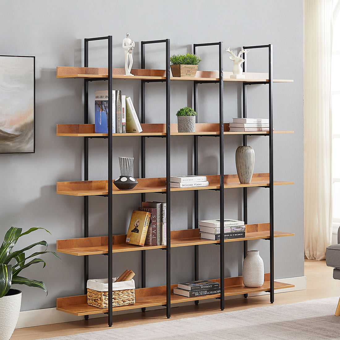 5 Tier Bookcase Home Office Open Bookshelf, Vintage Industrial Style Shelf, Mdf Board, Black Metal Frame, Brown Black Brown Mdf Steel