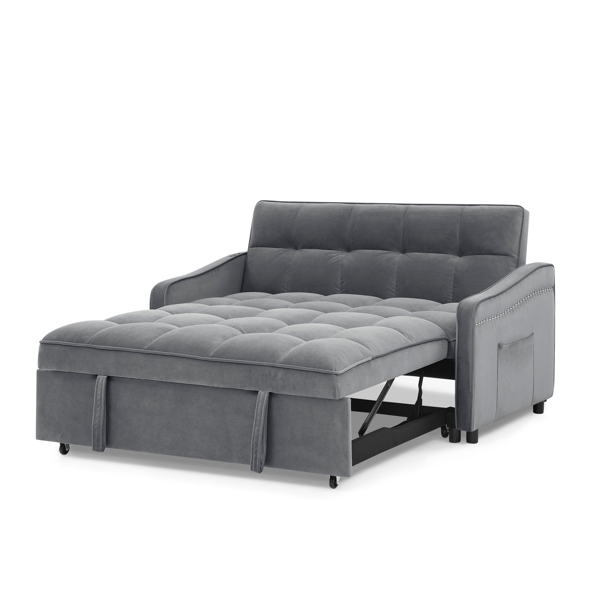 Loveseats Sofa Bed With Pull Out Bed,Adjsutable Back And Two Arm Pocket,Typec And Usb Charging With Copper Nail,Grey 47"X53"X31" Grey Velvet Classic,Contemporary,Glam,Luxury,Mid Century Modern Foam