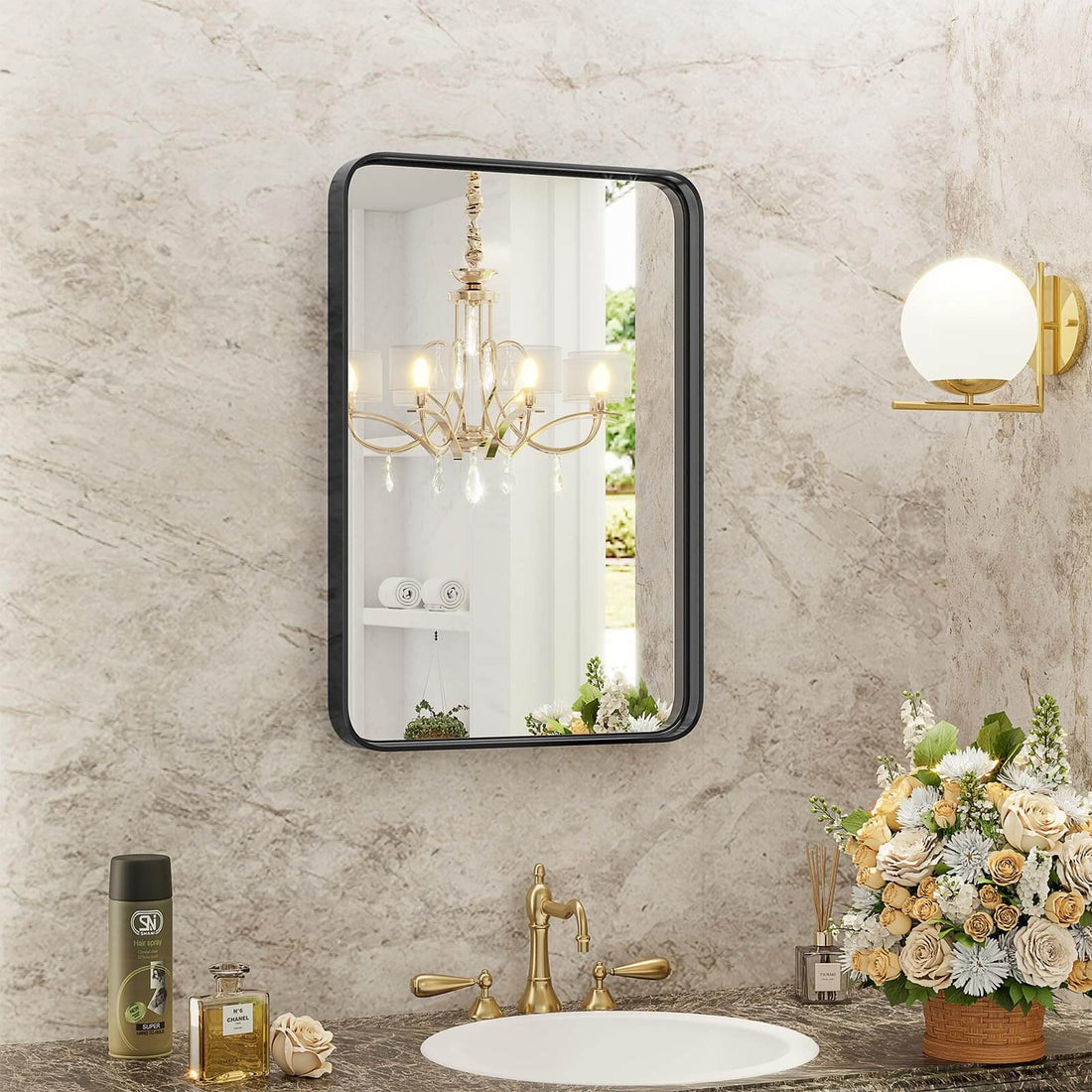 Bathroom Mirror Vanity Mirror For Wall,Aluminum Alloy Framed Wall Mirror Farmhouse,30" 22" Black Fiberglass