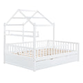 Wooden Full Size House Bed With Twin Size Trundle,Kids Bed With Shelf,White White Wood