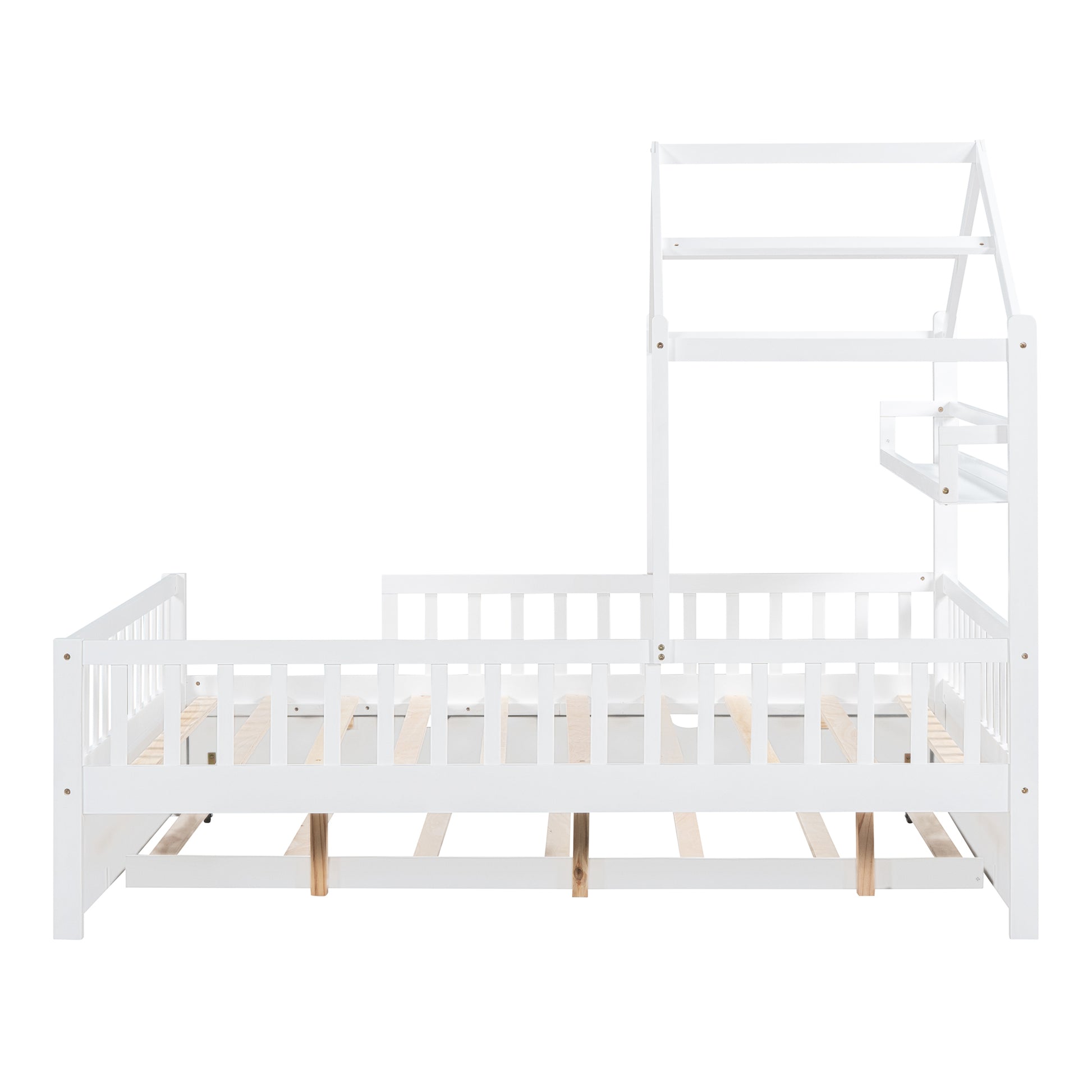 Wooden Full Size House Bed With Twin Size Trundle,Kids Bed With Shelf,White White Wood