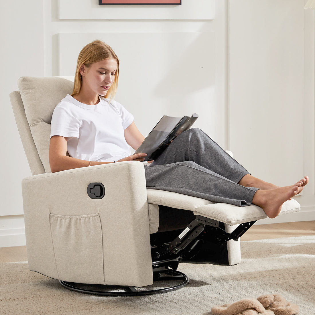 Manual Recliner Chair Winback Single Sofa,Beige Beige Fabric 1 Seat