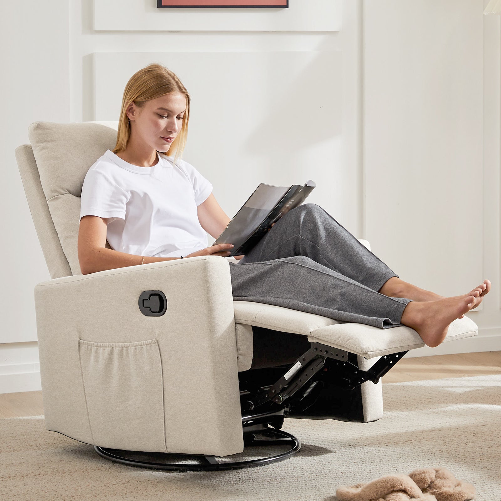 Manual Recliner Chair Winback Single Sofa,Beige Beige Fabric 1 Seat