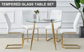 Table And Chair Set, Circular Dining Table, Glass Tabletop With A Diameter Of 40 Inches And Gold Plated Metal Legs, Paired With 4 White Pu Cushions And Gold Plated Metal Foot Dining Chairs. Dt 1164