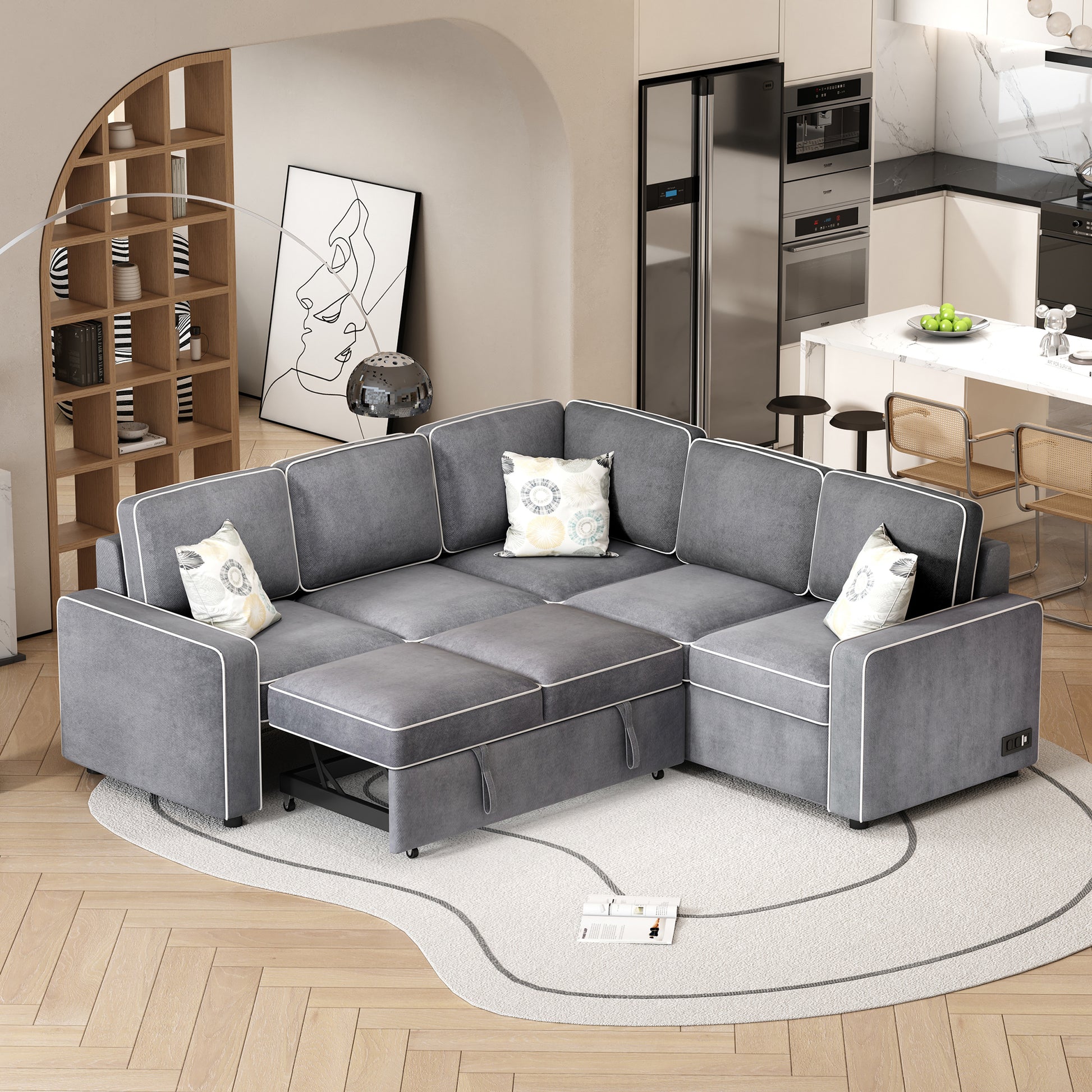 83" L Shaped Pull Out Sofa Bed Modern Convertible Sleeper Sofa With 2 Usb Ports, 2 Power Sockets And 3 Pillows For Living Room, Bedroom, Office, Gray Gray Foam Linen