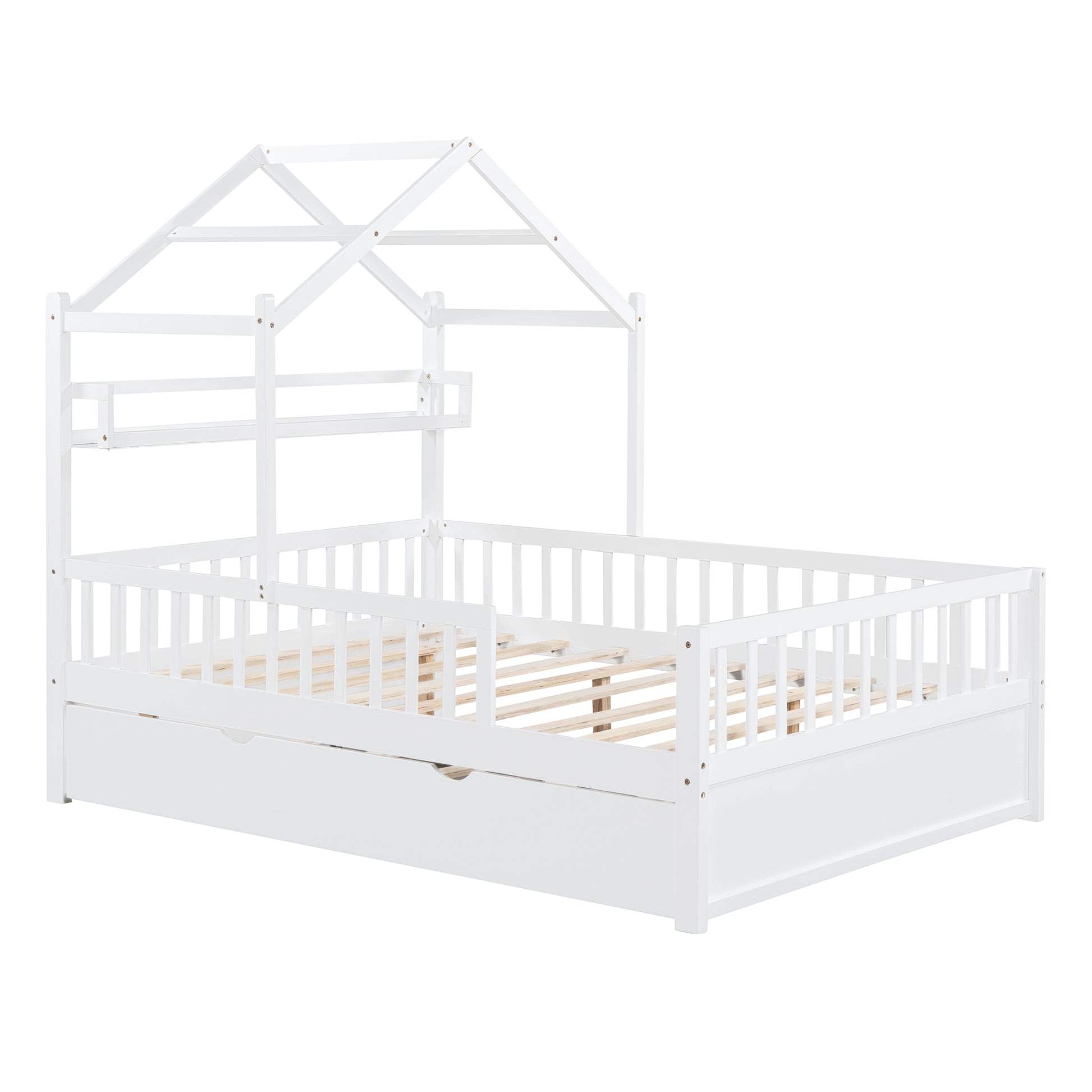 Wooden Full Size House Bed With Twin Size Trundle,Kids Bed With Shelf,White White Wood