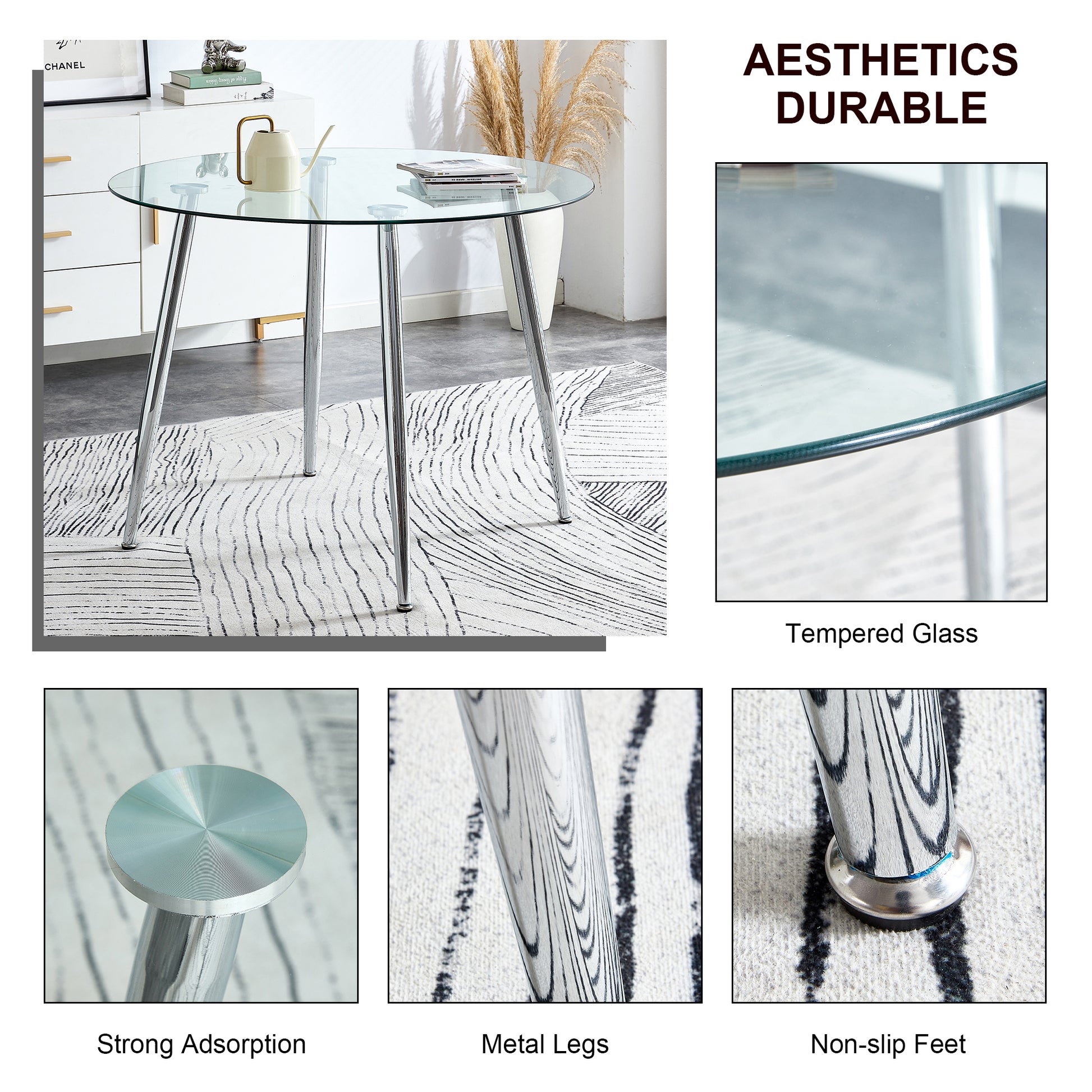 Table And Chair Set. 1 Table 4 Gray Chairs Round Dining Table With A 40 Inch Diameter Glass Tabletop And Silver Plated Metal Legs. 4 Gray Pu Chairs Dt 1164 001 Transparent Seats 4 Glass