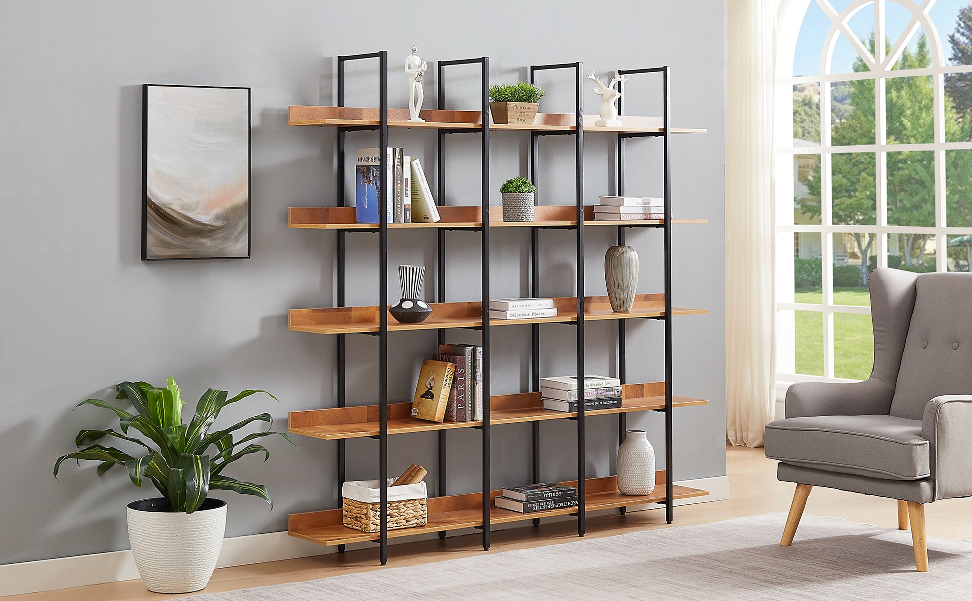 5 Tier Bookcase Home Office Open Bookshelf, Vintage Industrial Style Shelf, Mdf Board, Black Metal Frame, Brown Black Brown Mdf Steel