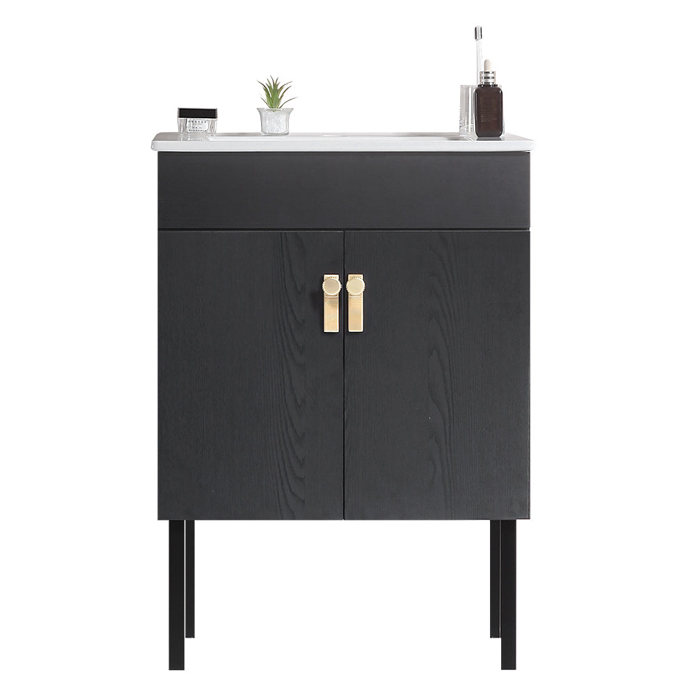 24" Bathroom Vanity With Metal Leg,With White Ceramic Basin,Two Soft Close Cabinet Doors, Solid Wood,Excluding Faucets,Black Black Solid Wood