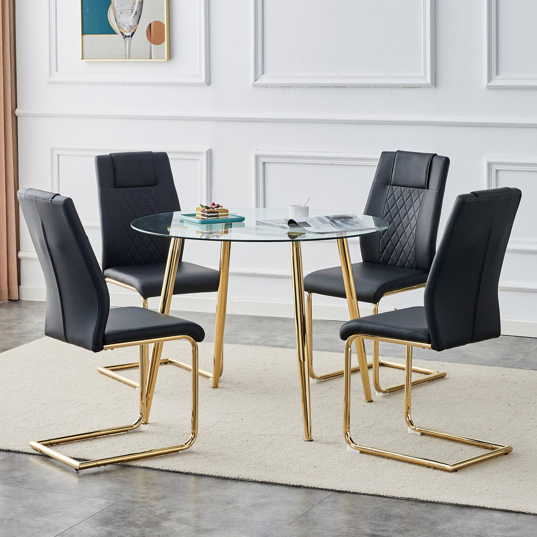 Table And Chair Set. Round Dining Table, Glass Tabletop With A Diameter Of 40 Inches, And Gold Plated Metal Legs, Paired With 4 Black Pu Cushions And A Dining Chair With Gold Plated Metal Feet. Dt1164 Golden Metal