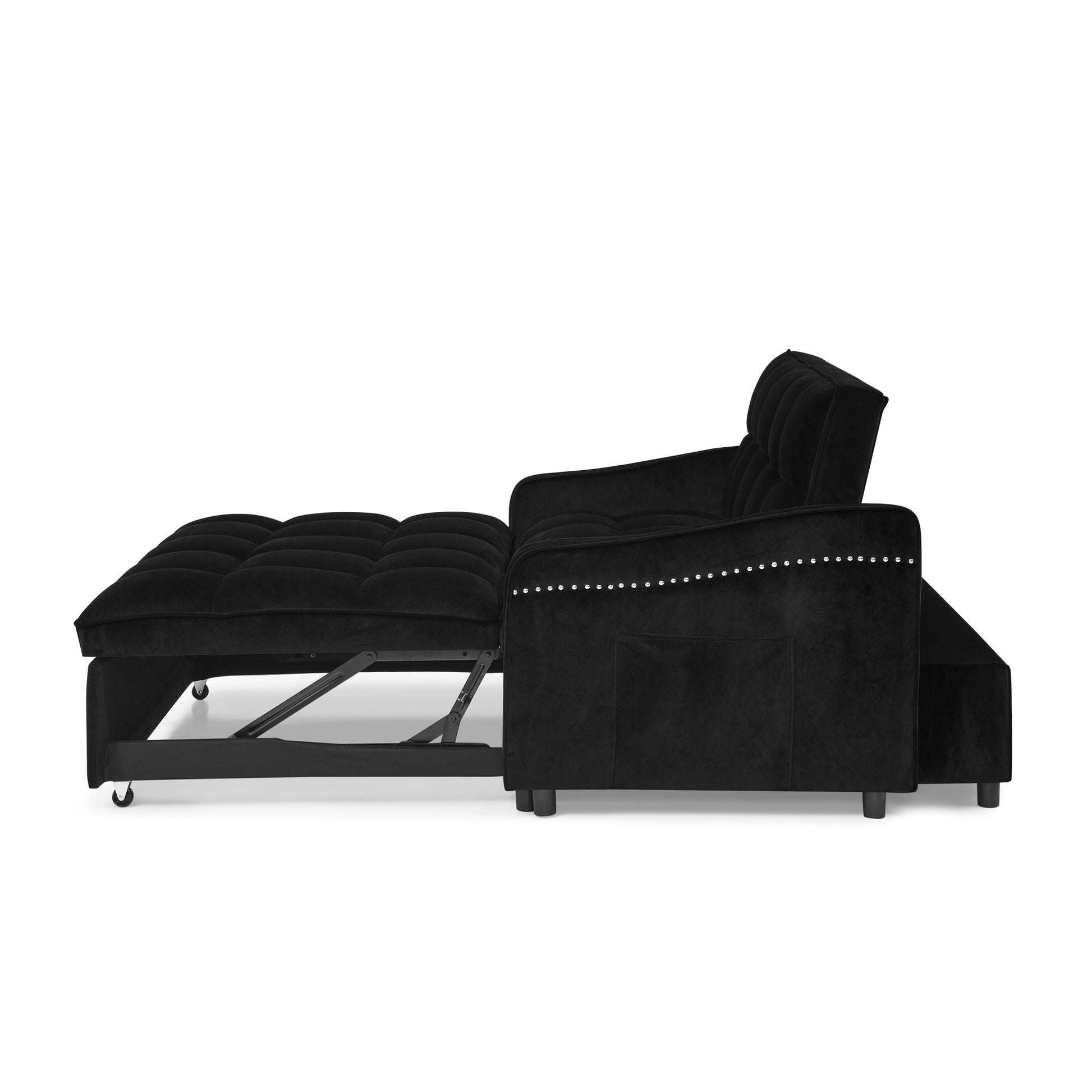 Loveseats Sofa Bed With Pull Out Bed,Adjsutable Back And Two Arm Pocket,Typec And Usb Charging With Copper Nail,Black 47"X53"X31" Black Velvet Classic,Contemporary,Luxury,Mid Century Modern,Modern Foam