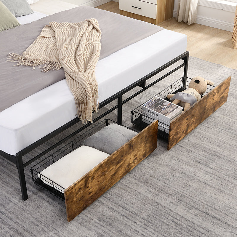 King Bed Frame, Storage Headboard With Charging Station, Solid And Stable, Noise Free, No Box Spring Needed, Easy Assembly King Antique Brown Metal Bedroom Bed Frame Metal & Wood