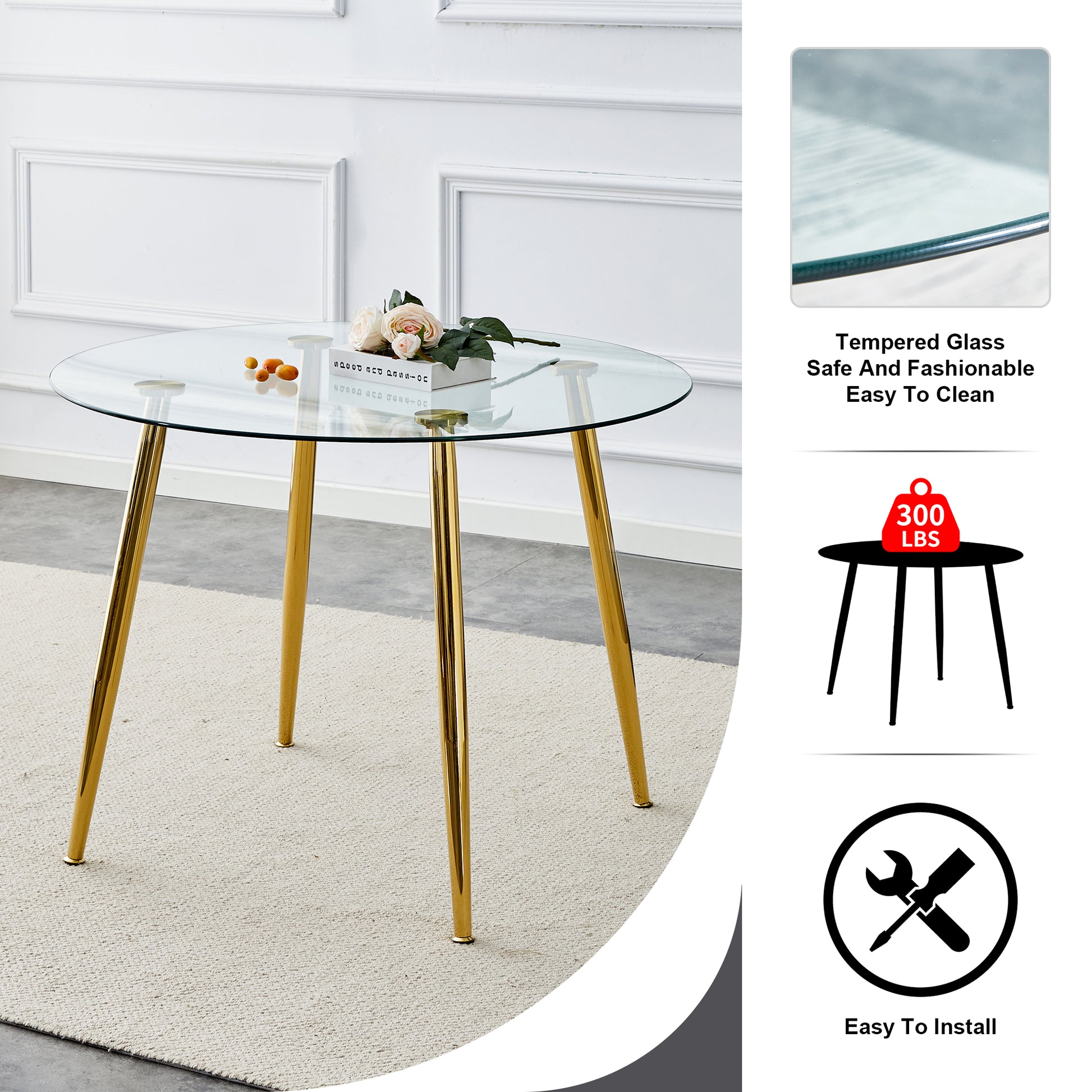 Table And Chair Set, Circular Dining Table, Glass Tabletop With A Diameter Of 40 Inches And Gold Plated Metal Legs, Paired With 4 Gray Pu Cushions And A Dining Chair With Gold Plated Metal Legs. Golden Metal