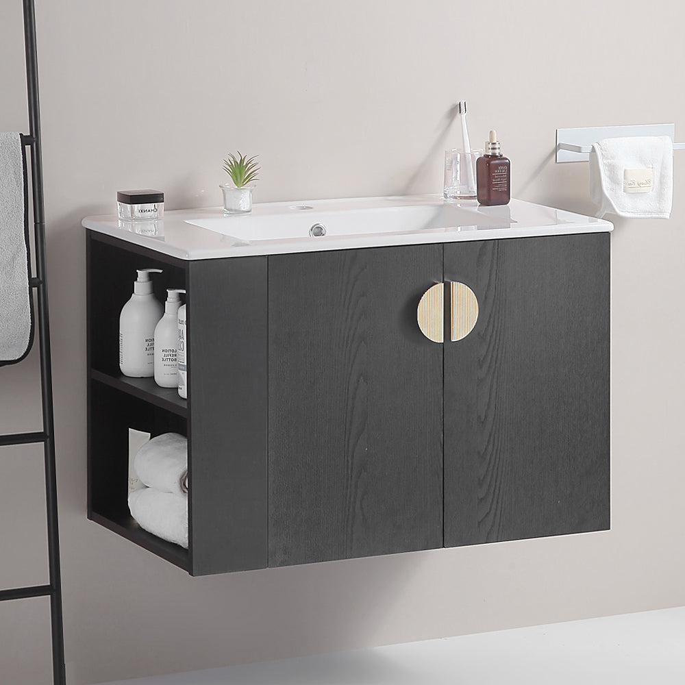 30" Bathroom Vanity With Sink,With Two Doors Cabinet Bathroom Vanity Set With Side Left Open Storage Shelf,Solid Wood,Excluding Faucets,Black Black Solid Wood