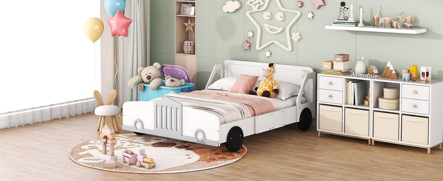 Full Size Car Shaped Platform Bed With Wheels,White White Plywood