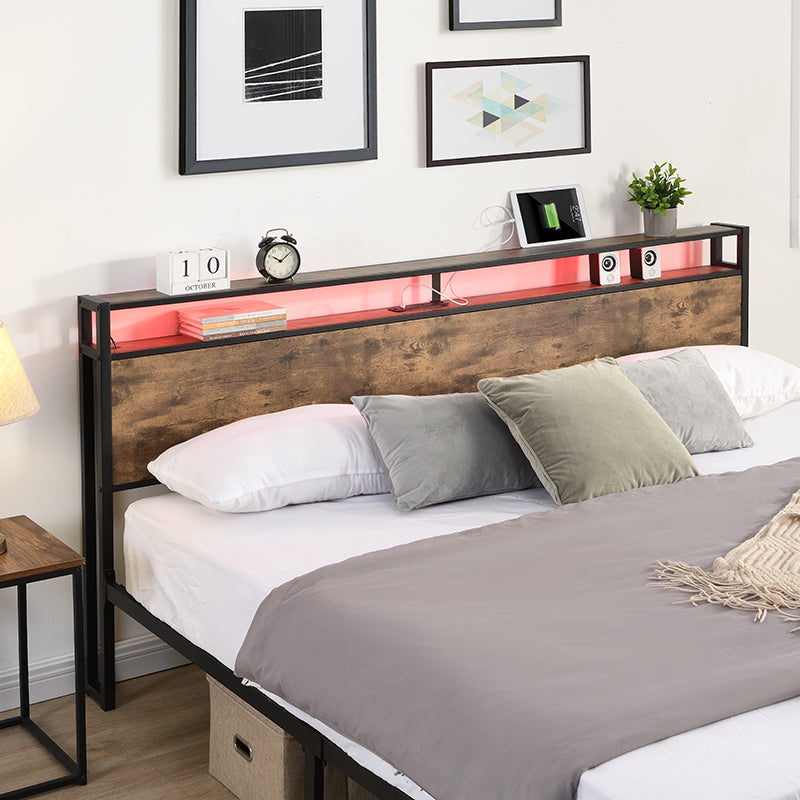 King Bed Frame, Storage Headboard With Charging Station, Solid And Stable, Noise Free, No Box Spring Needed, Easy Assembly King Antique Brown Metal Bedroom Bed Frame Metal & Wood