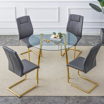 Table And Chair Set, Circular Dining Table, Glass Tabletop With A Diameter Of 40 Inches And Gold Plated Metal Legs, Paired With 4 Gray Pu Cushions And A Dining Chair With Gold Plated Metal Legs. Golden Metal