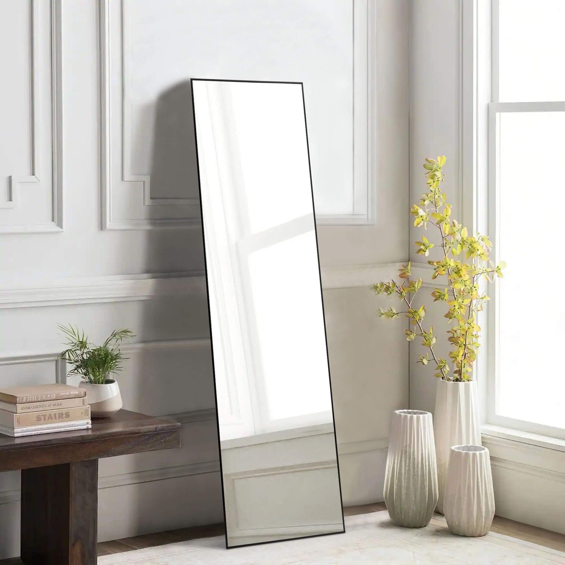 Floor Standing Mirror, Wall Mirror With Stand Aluminum Alloy Thin Frame,21''*64'',Black Rect Black Fiberglass