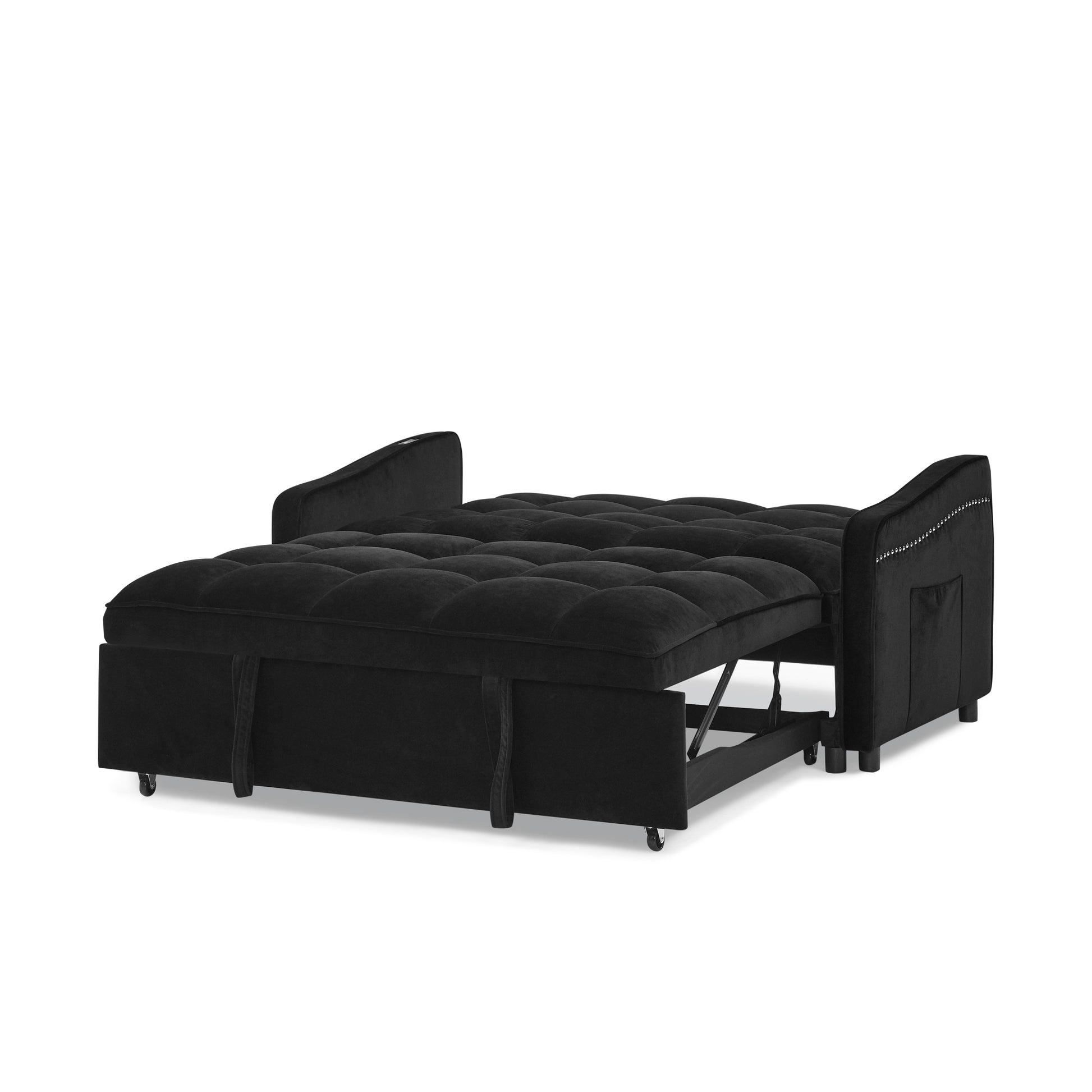 Loveseats Sofa Bed With Pull Out Bed,Adjsutable Back And Two Arm Pocket,Typec And Usb Charging With Copper Nail,Black 47"X53"X31" Black Velvet Classic,Contemporary,Luxury,Mid Century Modern,Modern Foam