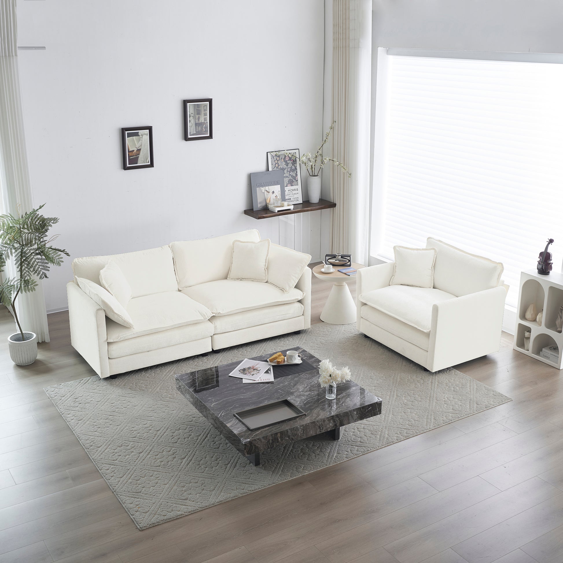 2 Seater Loveseat And Chair Set, 2 Piece Sofa & Chair Set, Loveseat And Accent Chair2 Piece Upholstered Chenille Sofa Living Room Couch Furniture 1 2 Seat ,White Chenille White Chenille 3 Seat