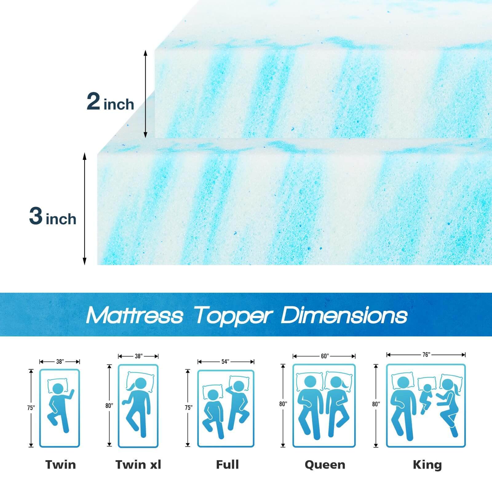 Memory Foam Cooling Gel Swirl Infused Bed Topper For Back Pain,2 Inches,Twin Blue Cotton