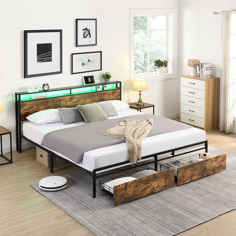 King Bed Frame, Storage Headboard With Charging Station, Solid And Stable, Noise Free, No Box Spring Needed, Easy Assembly King Antique Brown Metal Bedroom Bed Frame Metal & Wood