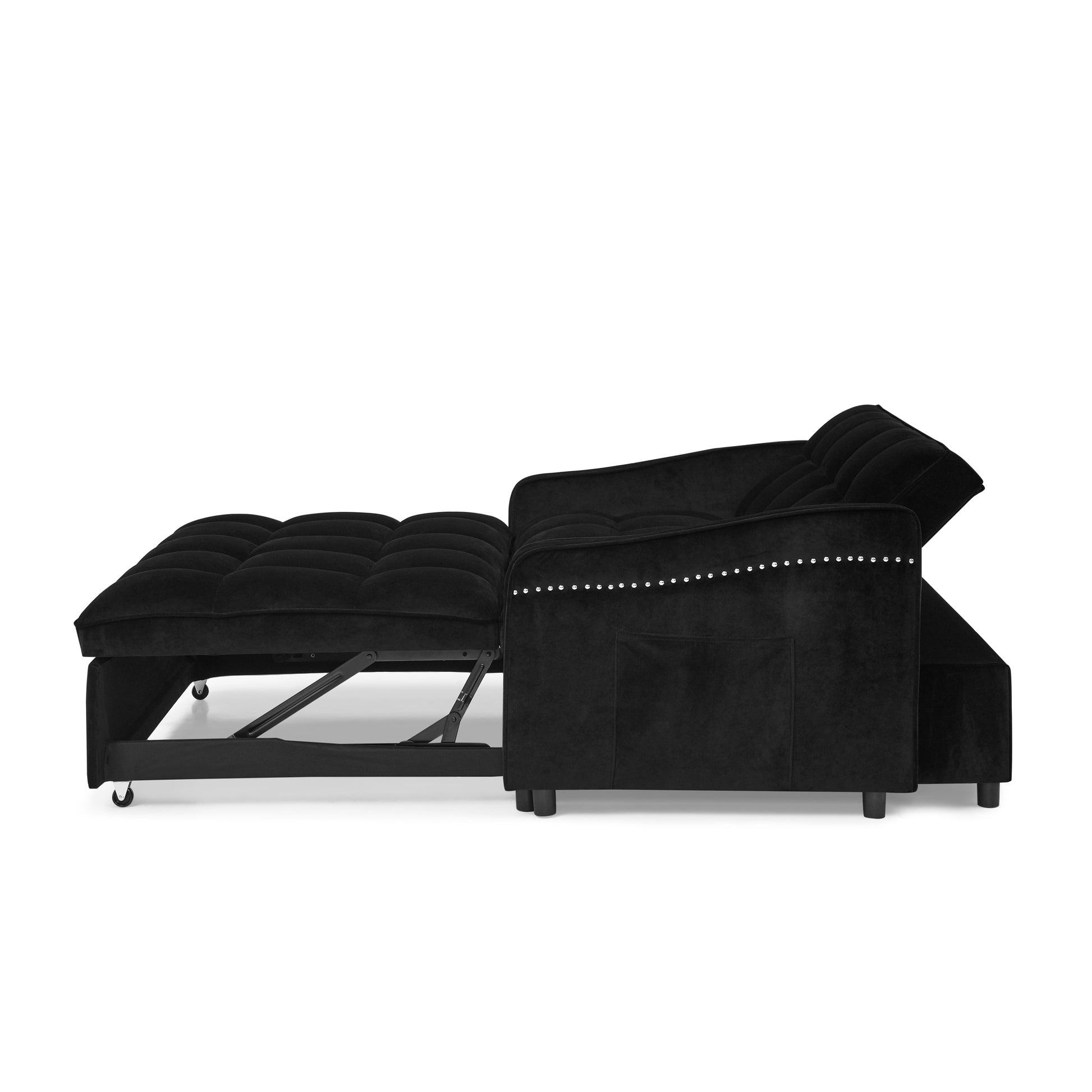 Loveseats Sofa Bed With Pull Out Bed,Adjsutable Back And Two Arm Pocket,Typec And Usb Charging With Copper Nail,Black 47"X53"X31" Black Velvet Classic,Contemporary,Luxury,Mid Century Modern,Modern Foam