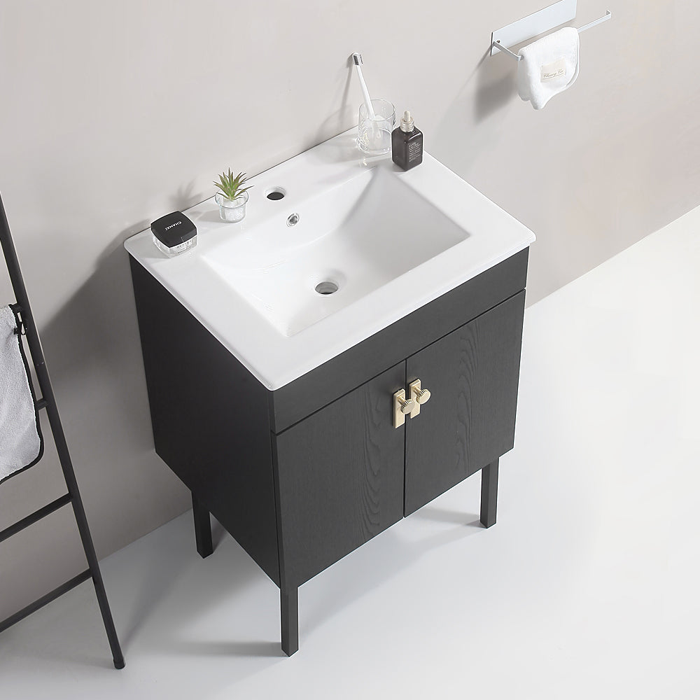 24" Bathroom Vanity With Metal Leg,With White Ceramic Basin,Two Soft Close Cabinet Doors, Solid Wood,Excluding Faucets,Black Black Solid Wood