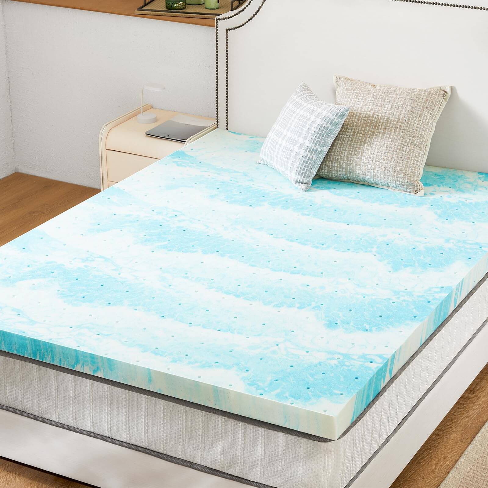 Memory Foam Cooling Gel Swirl Infused Bed Topper For Back Pain,3 Inches,Full Blue Cotton