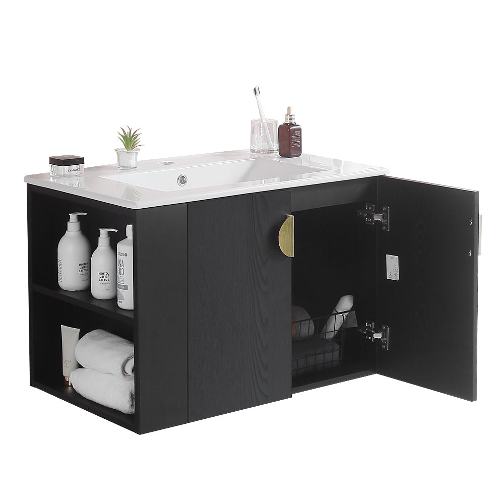 30" Bathroom Vanity With Sink,With Two Doors Cabinet Bathroom Vanity Set With Side Left Open Storage Shelf,Solid Wood,Excluding Faucets,Black Black Solid Wood