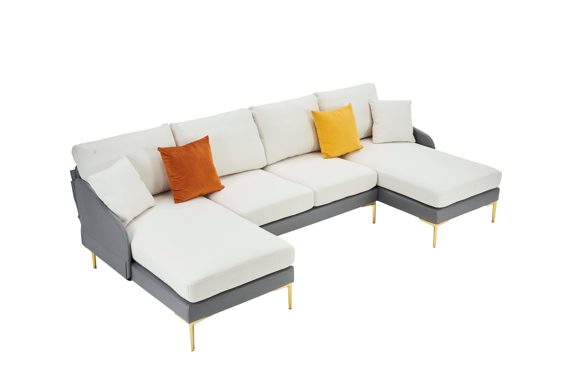 Modern Large Area Linen Leathaire Fabric Color Matching Segmented Sofa, Ultra Wide Lounge Chair, Golden Legs, U Shaped, Gray White Grey Primary Living Space Wood