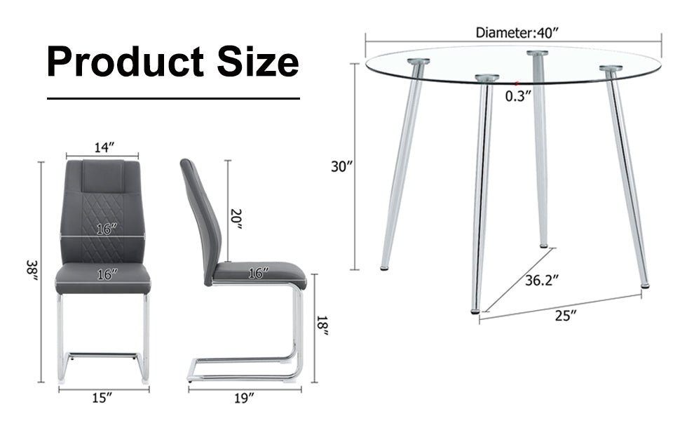Table And Chair Set. 1 Table 4 Gray Chairs Round Dining Table With A 40 Inch Diameter Glass Tabletop And Silver Plated Metal Legs. 4 Gray Pu Chairs Dt 1164 001 Transparent Seats 4 Glass