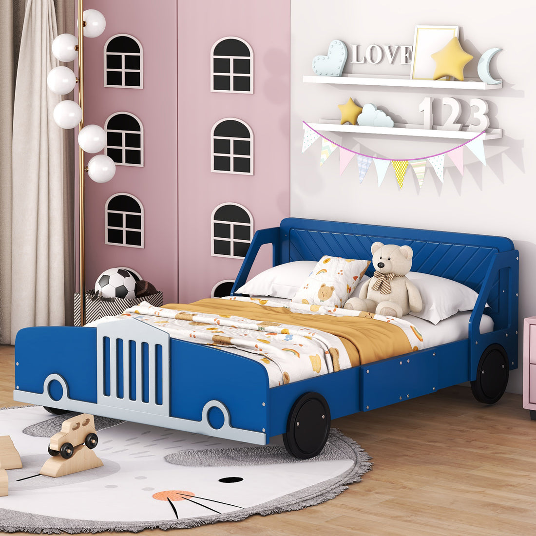 Full Size Car Shaped Platform Bed With Wheels,Blue Blue Plywood