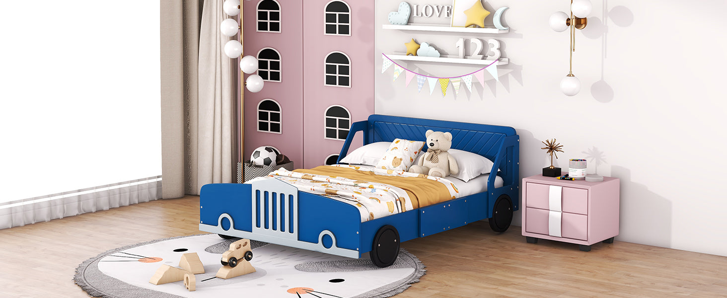 Full Size Car Shaped Platform Bed With Wheels,Blue Blue Plywood