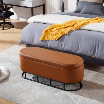 Oval Storage Bench For Living Room Bedroom End Of Bed,Upholstered Storage Ottoman Entryway Bench With Metal Legs,Brown Brown Primary Living Space Modern Metal Internal Storage Foam Pu Leather