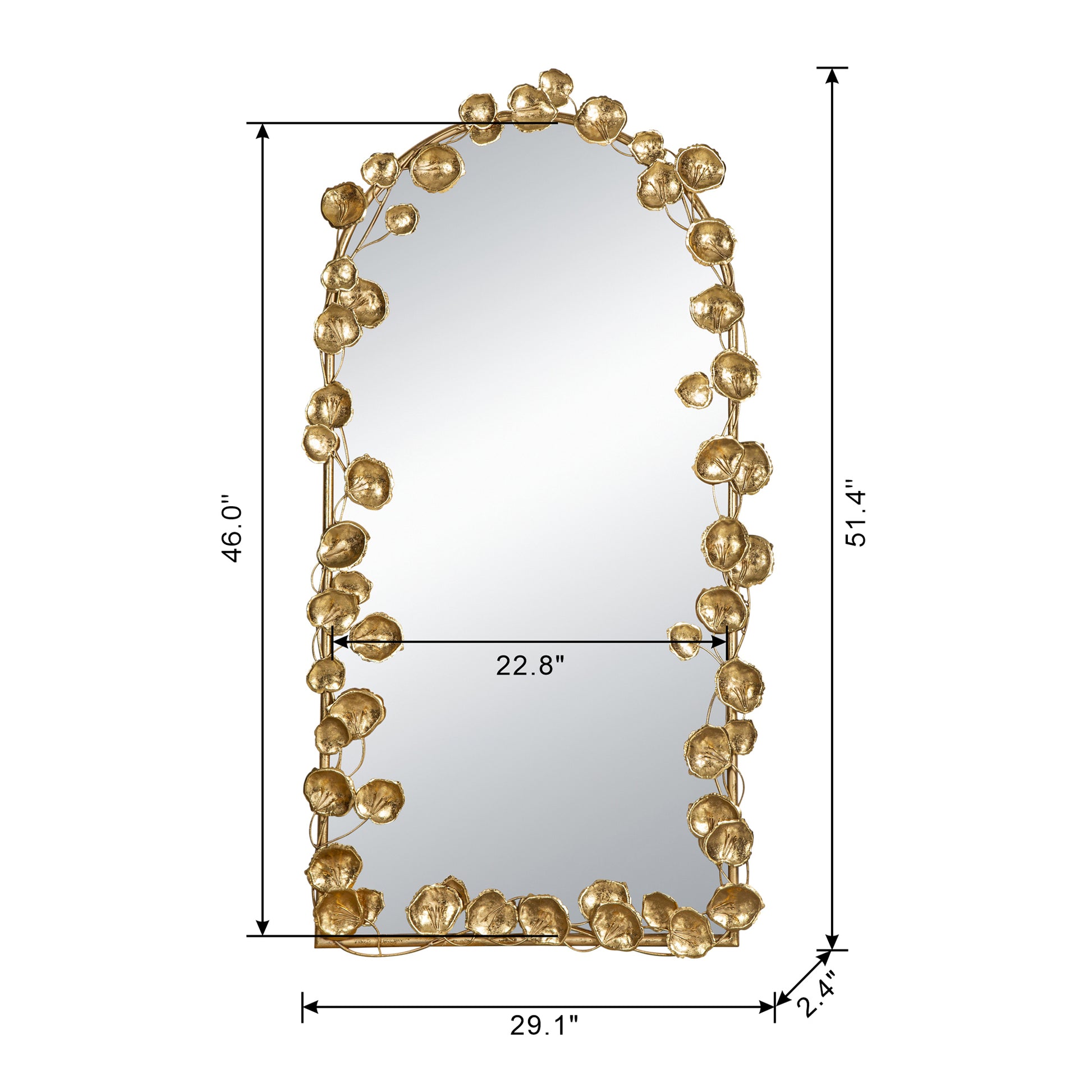 51.5" X 29" Full Length Arched Wall Mirror With Golden Leaf Accents, Decorative Mirror For Living Room Bedroom Gold Iron