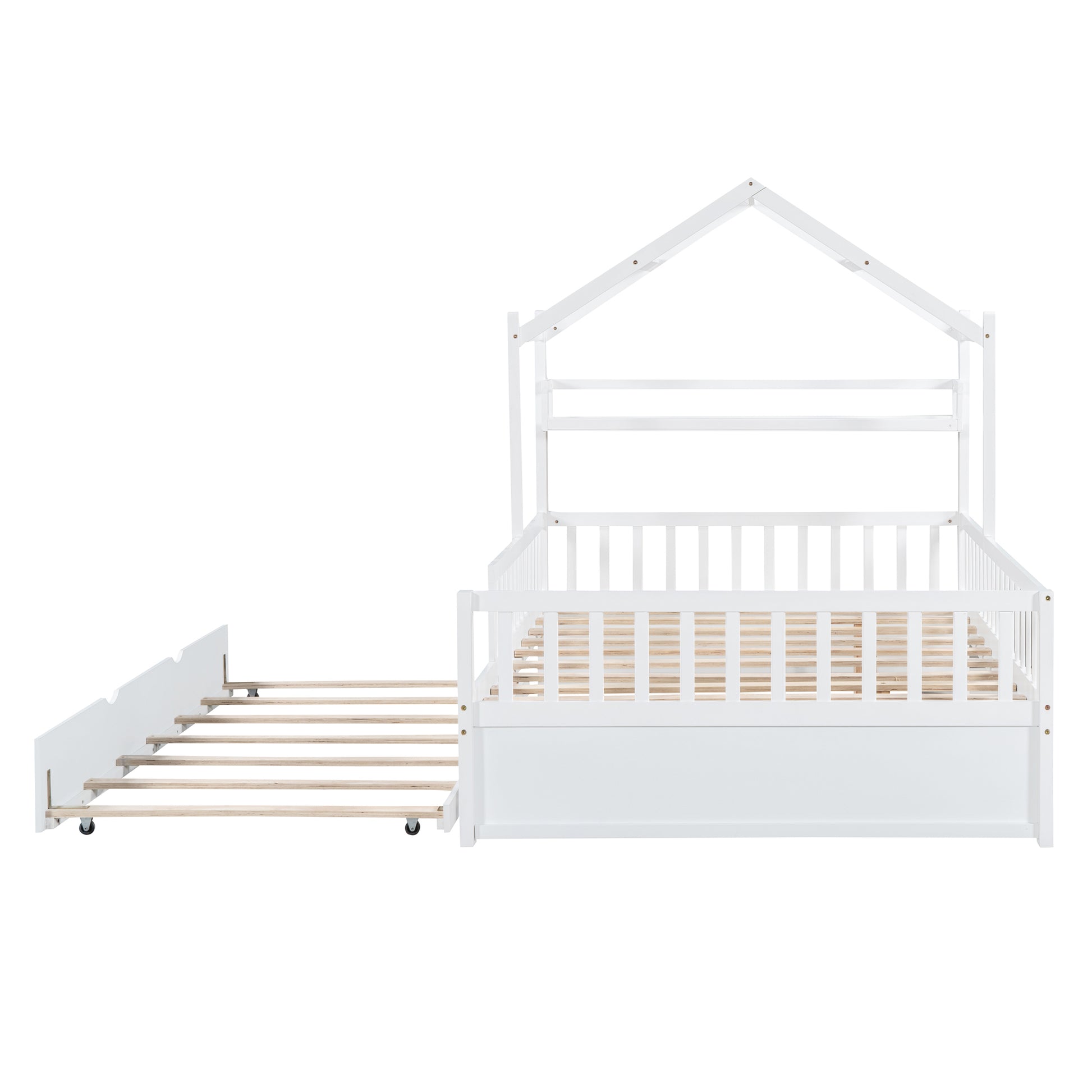 Wooden Full Size House Bed With Twin Size Trundle,Kids Bed With Shelf,White White Wood